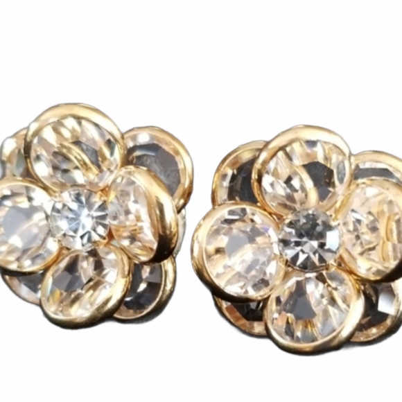 Vintage Austrian Crystal Flower Gold Tone Clip On Earrings - Picture 15 of 16